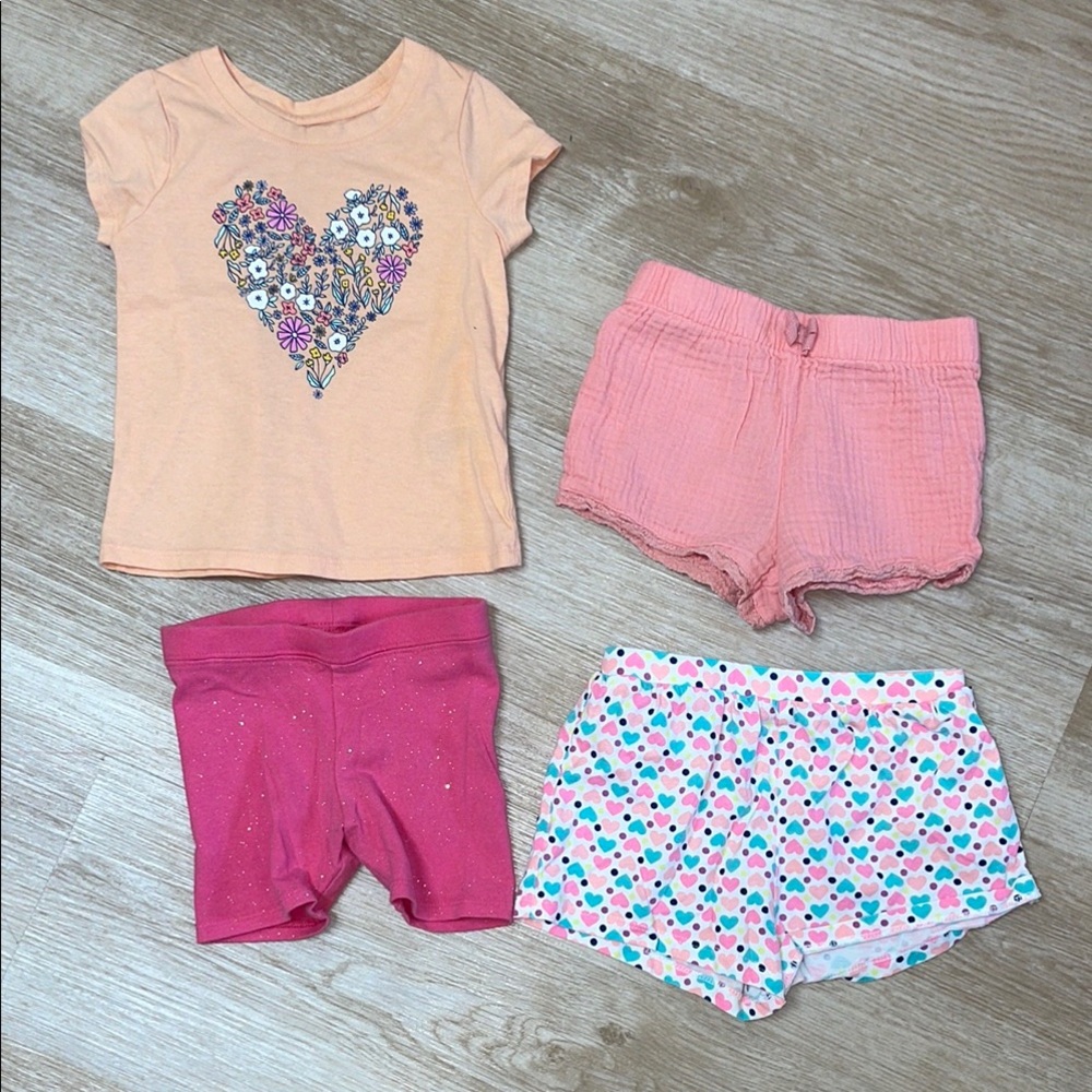 Cat & Jack Floral Heart Tee, Pink Cartwheel Shorts, Carter’s pink/ heart print